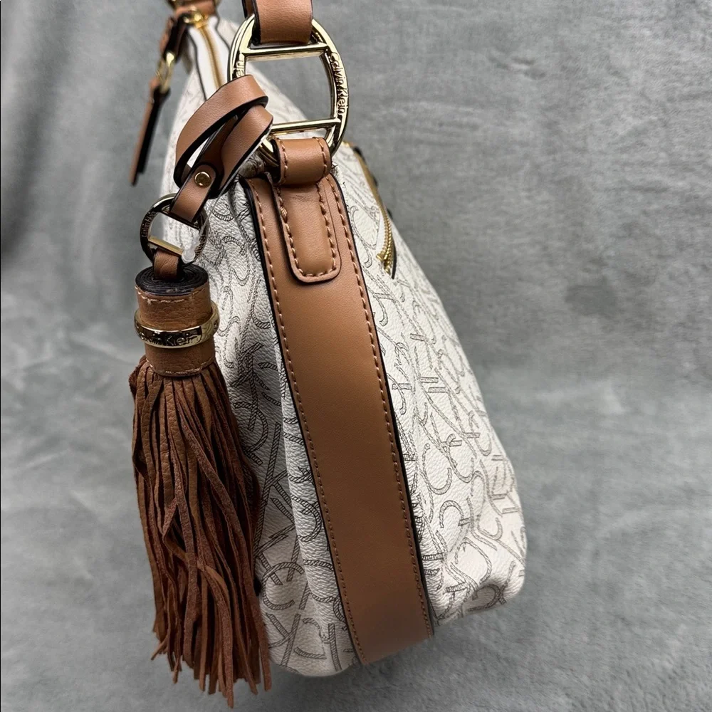 Calvin Klein Logo Print Hobo Bag in Cream and Brown